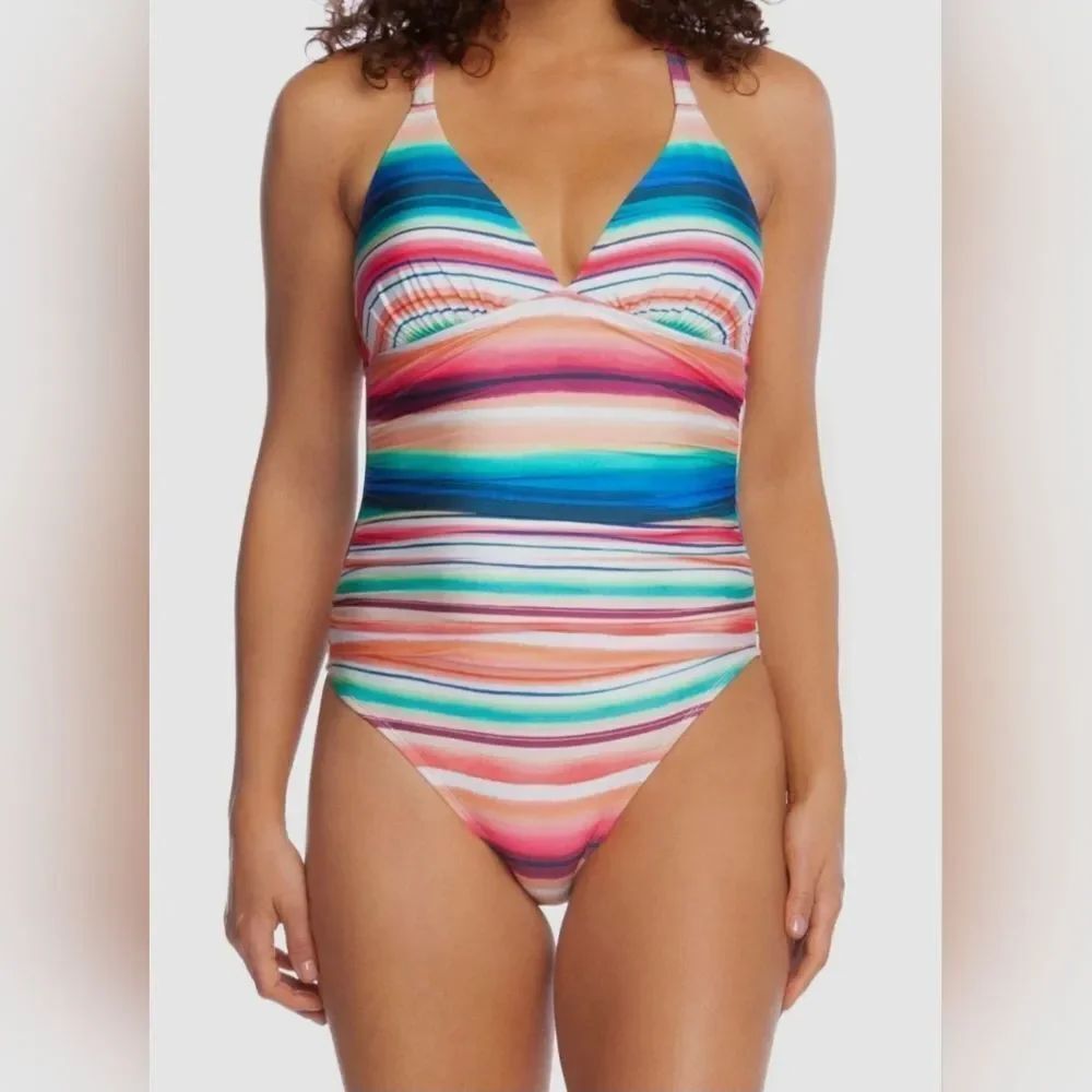 NWT  La Blanca Women's Blue Pink Solar Stripe Mio One-Piece Swimsuit Size 12
